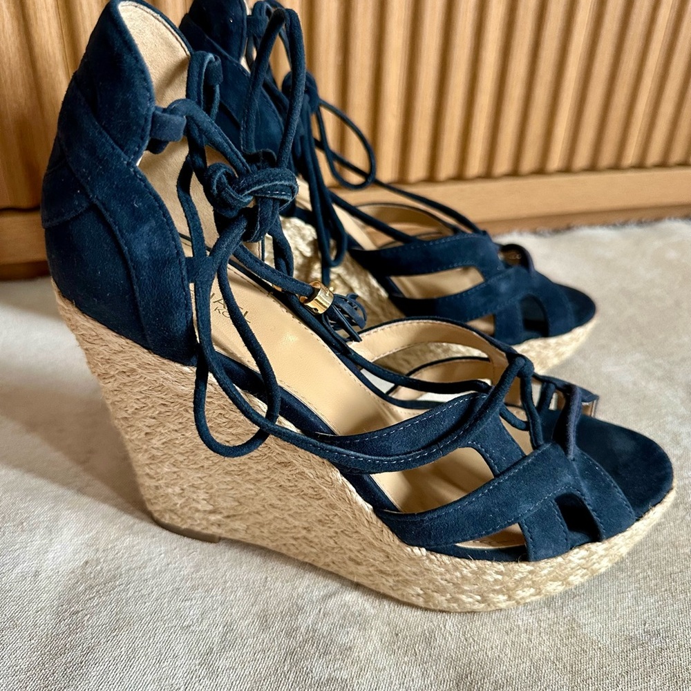 MICHAEL Michael Kors Open Toe Lace Up Wedge in Navy